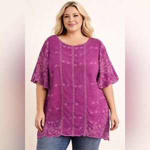 Johnny Was Sunflower Alta Blouse Womens 2X Purple Boho Crochet Lace Stretch
